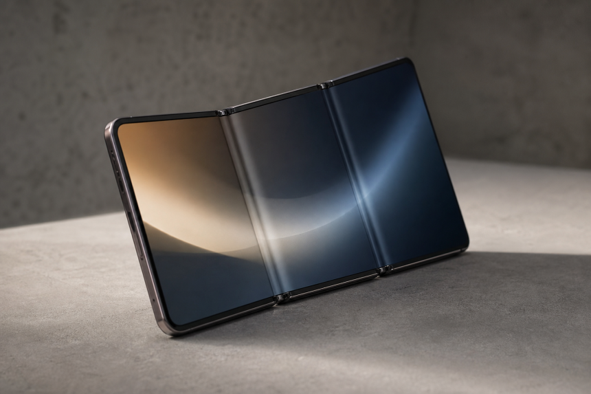 Smartphone Huawei Mate XT 2 aberto em formato de tela ampla, destacando seu design com três dobras.