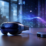 Óculos de realidade estendida XREAL Aura ao lado de um módulo compacto de processamento, em ambiente corporativo futurista.