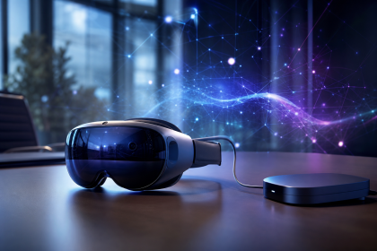 Óculos de realidade estendida XREAL Aura ao lado de um módulo compacto de processamento, em ambiente corporativo futurista.