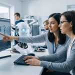 Pesquisadoras trabalham juntas em um laboratório diante de telas com códigos e elementos de inteligência artificial.