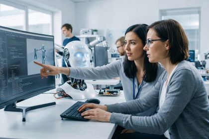 Pesquisadoras trabalham juntas em um laboratório diante de telas com códigos e elementos de inteligência artificial.