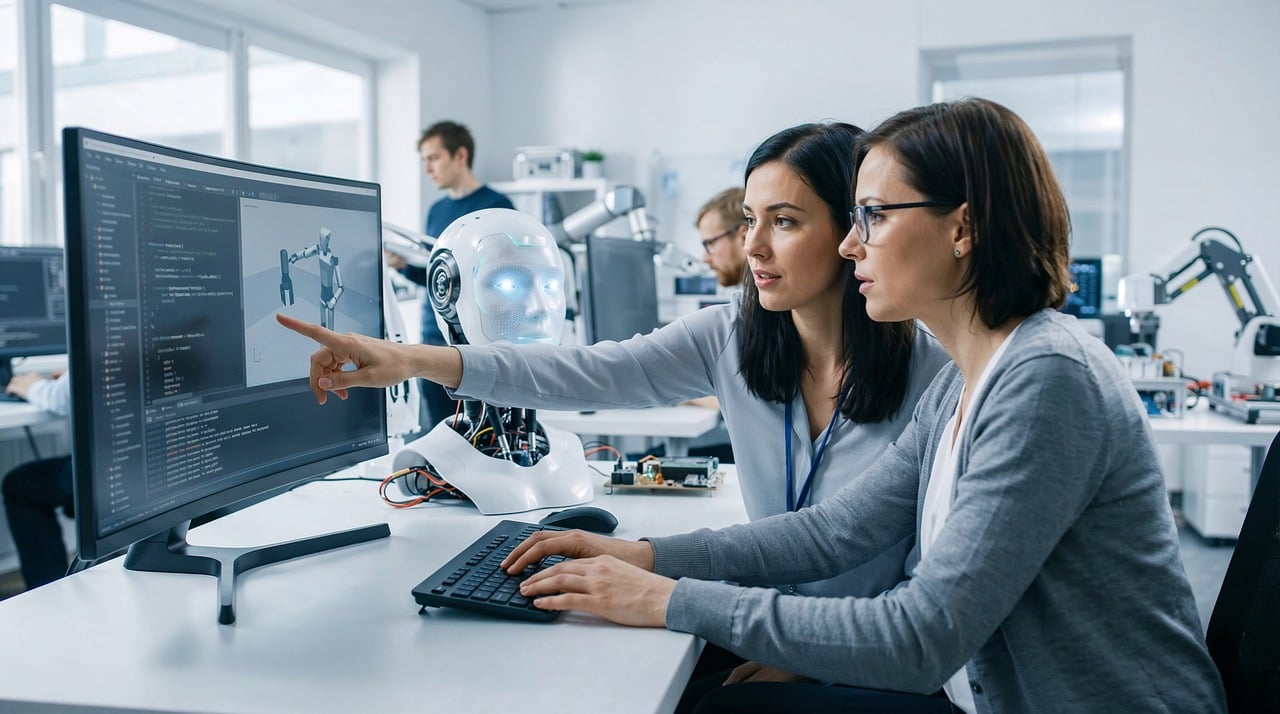 Pesquisadoras trabalham juntas em um laboratório diante de telas com códigos e elementos de inteligência artificial.